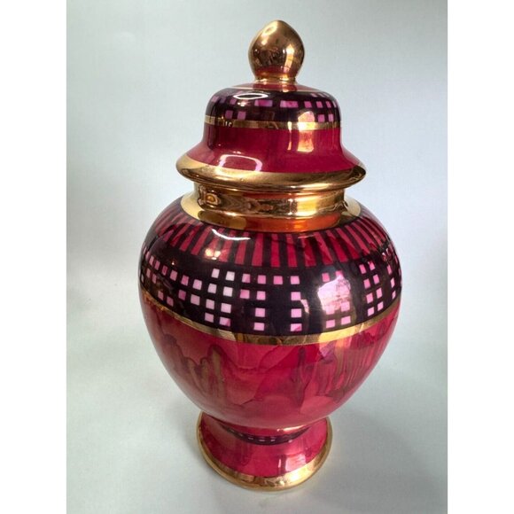 Tall Red & Black Urn Ginger Jar Gold Gild Trim Unknown Makers Mark on Bottom - Picture 5 of 11